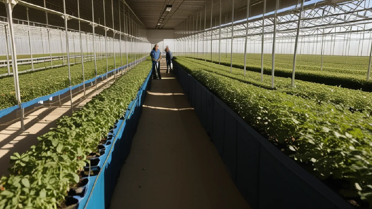 Rows of flowering cannabis plants fill a sunlit greenhouse aisle at Copperstate Farms’ Snowflake facility.