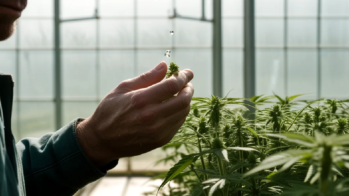 Unas manos enguantadas inspeccionan una planta de cannabis en un invernadero, evocando la medición cuidadosa que sustenta los hallazgos de la encuesta federal.