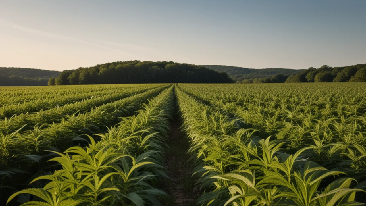 Rows of cannabis plants in a Mid-Atlantic landscape evoke different state rules beneath shared federal oversight.