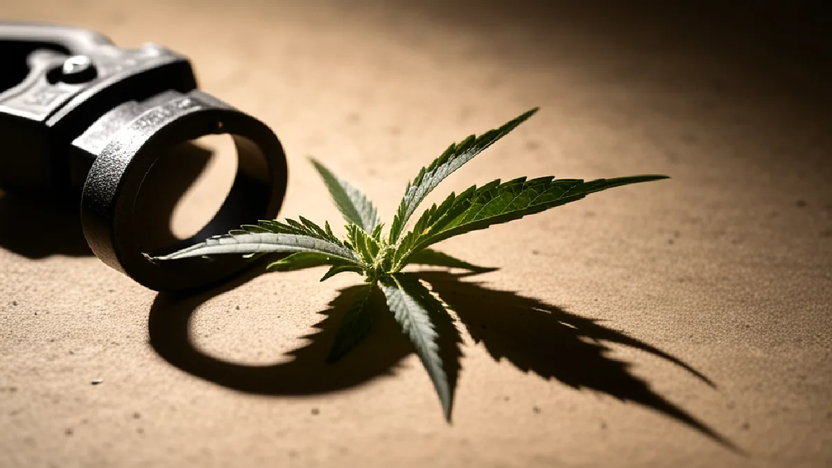 Una sola flor de cannabis se encuentra bajo una luz institucional, como símbolo del predominio de los casos de posesión en la aplicación de la ley.