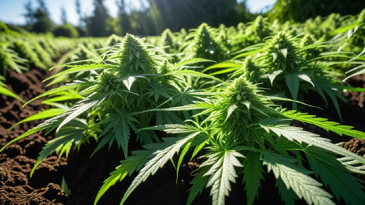 Close-up view of healthy, sun-grown cannabis flowers in a tropical farm field, representing the successful harvest after recent storms.