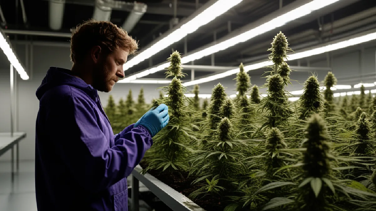 Des mains gantées examinent des fleurs de cannabis violettes parmi des plantes cultivées, illustrant la génétique et l’apparence distinctive de la variété.