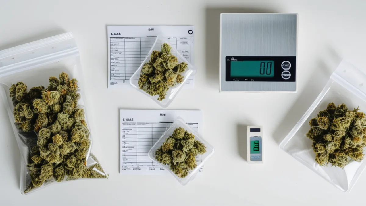 Organized cannabis batch testing samples in clear sealed bags on an inspection counter, representing state-by-state regulatory compliance procedures.