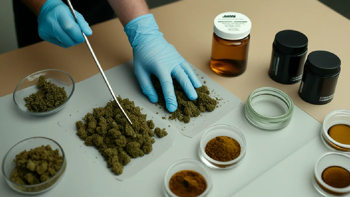 Gloved hands handle unlabeled cannabis samples in a laboratory, evoking the study’s patient-reported findings.