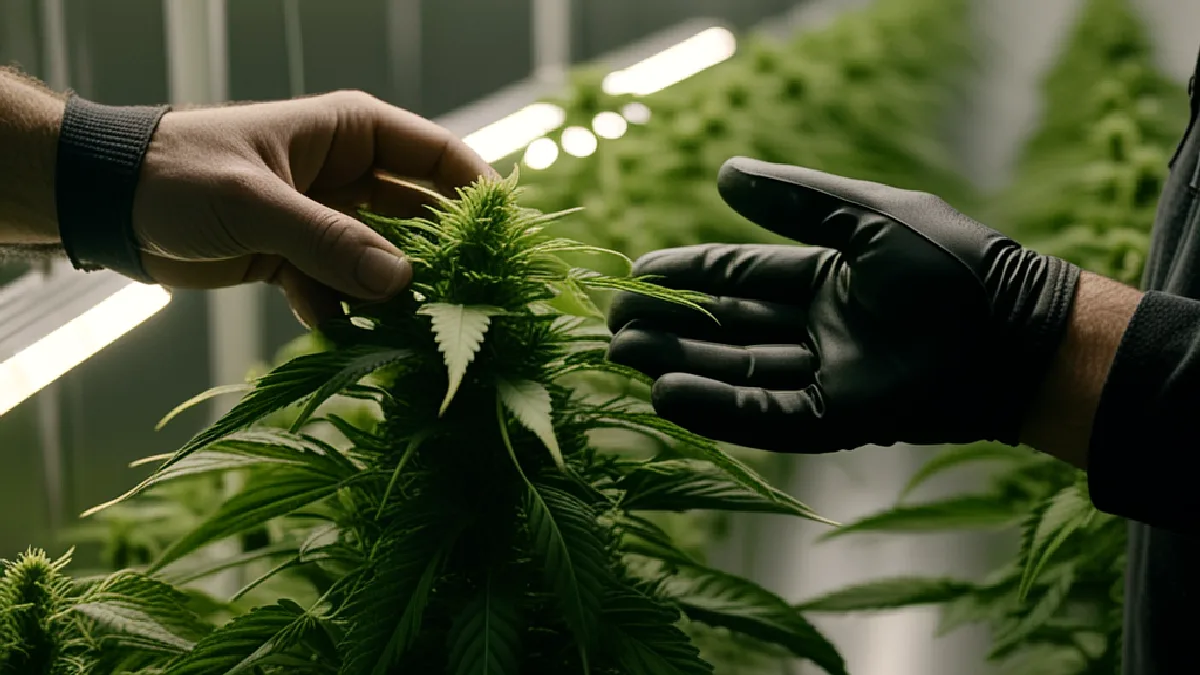 Manos enguantadas inspeccionan densas flores de cannabis dentro de una instalación de cultivo de New Jersey, lo que ilustra la transferencia de métodos y el control de calidad.