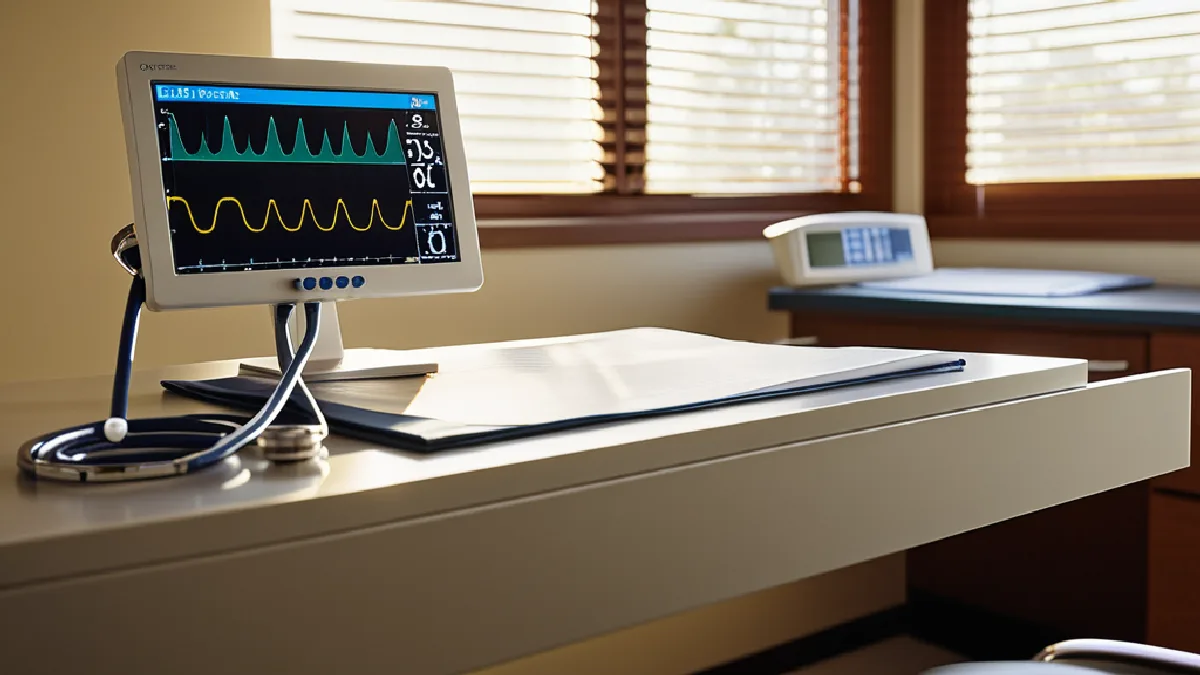 Medical monitoring equipment and pharmaceutical packaging arranged on a desk, representing patient safety considerations and controlled dosage protocols.