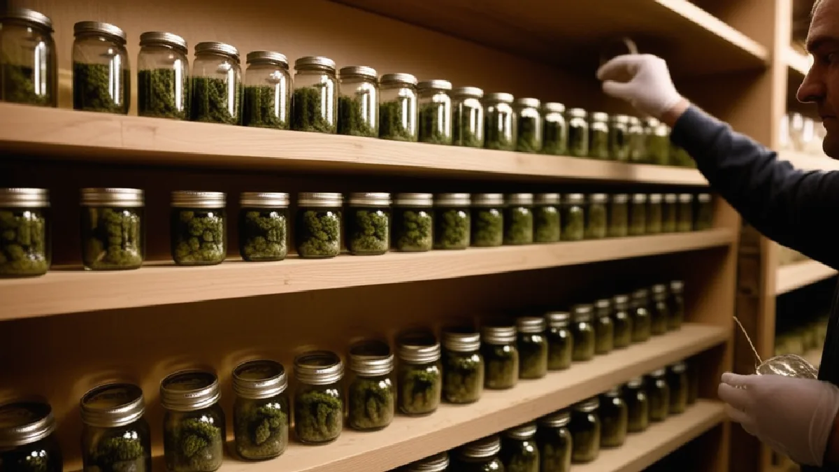 Gloved hands organizing clear glass jars filled with cured cannabis flower on dark wood shelves in a dispensary backroom.