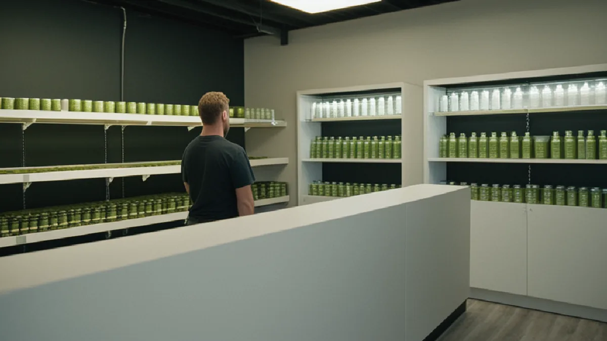 A staff member checks secured inventory in an Illinois cannabis shop, illustrating the potential shift toward dual licensing.