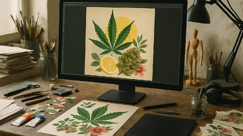 An artist's workspace highlighting tools and digital screens related to cannabis artwork creation.