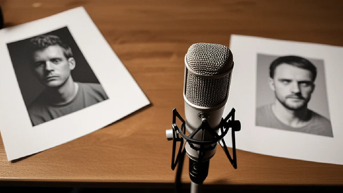 Faceless guest adjusts a microphone in a warm studio setting for Rosenthal’s podcast conversation.