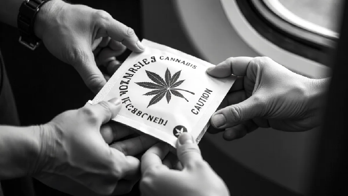 Gloved hands complete a controlled cannabis package handoff in a secure fulfillment setting.
