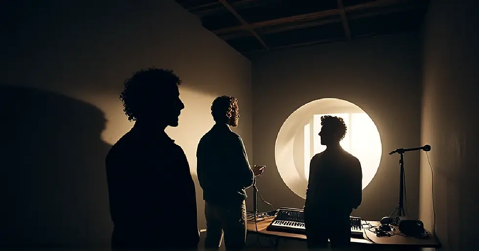 Faceless creative figures gather around studio equipment, representing cannabis culture voices receiving national attention.
