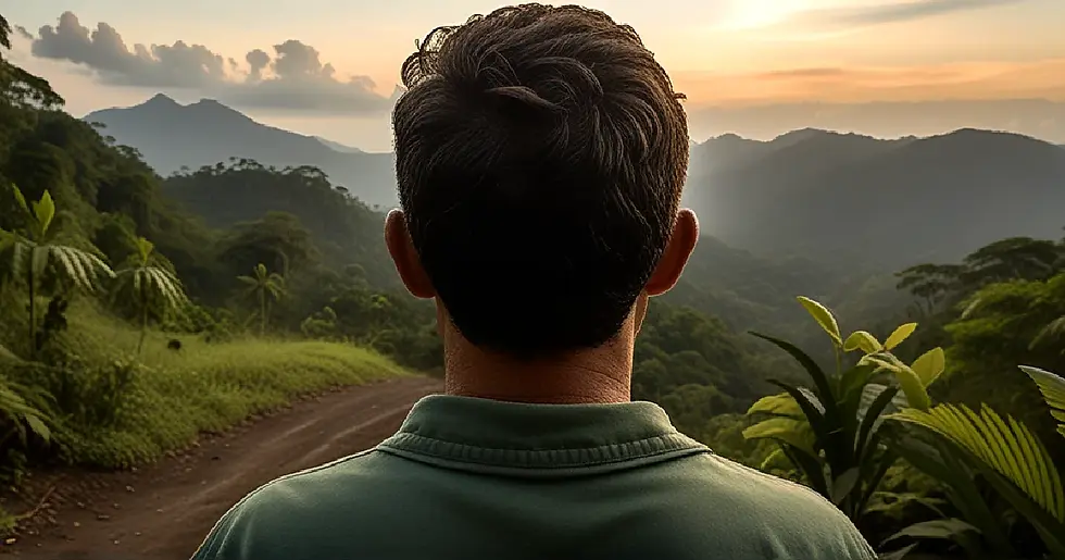A solitary figure overlooks misty Guatemalan hills, evoking a personal account of an earlier life abroad.
