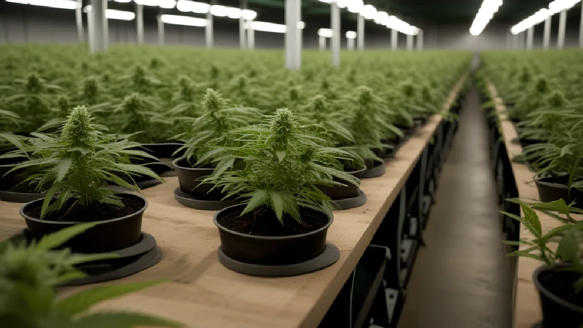 A mature regulated grow room evokes the cultivation systems built in Colorado and California.
