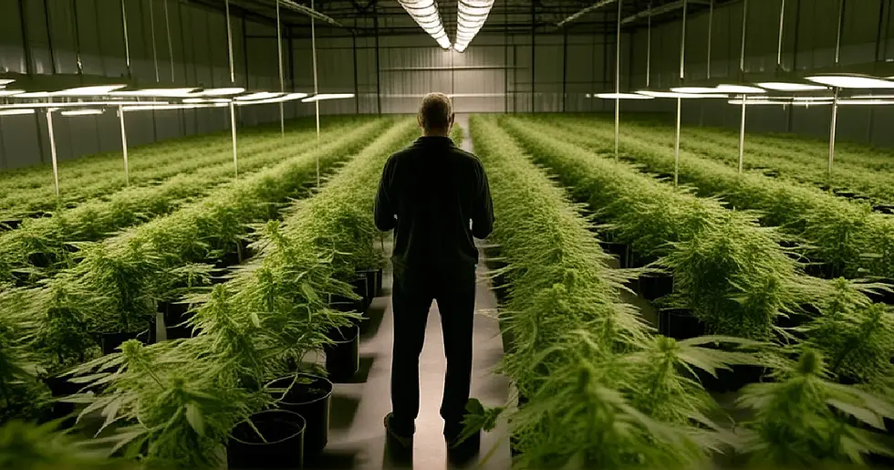 Workers inspect flowering cannabis plants in a modern cultivation room representing expanding medical access.