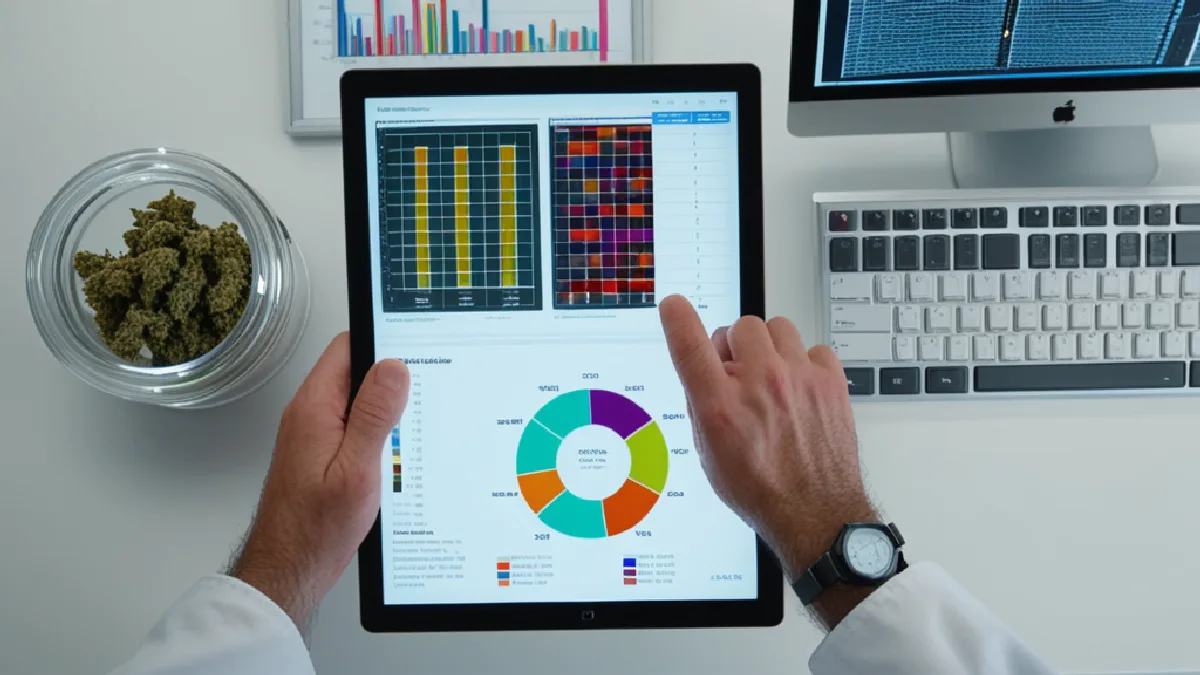 Hands holding a digital tablet with analytical charts alongside cannabis samples in petri dishes, representing research findings on user behavior.