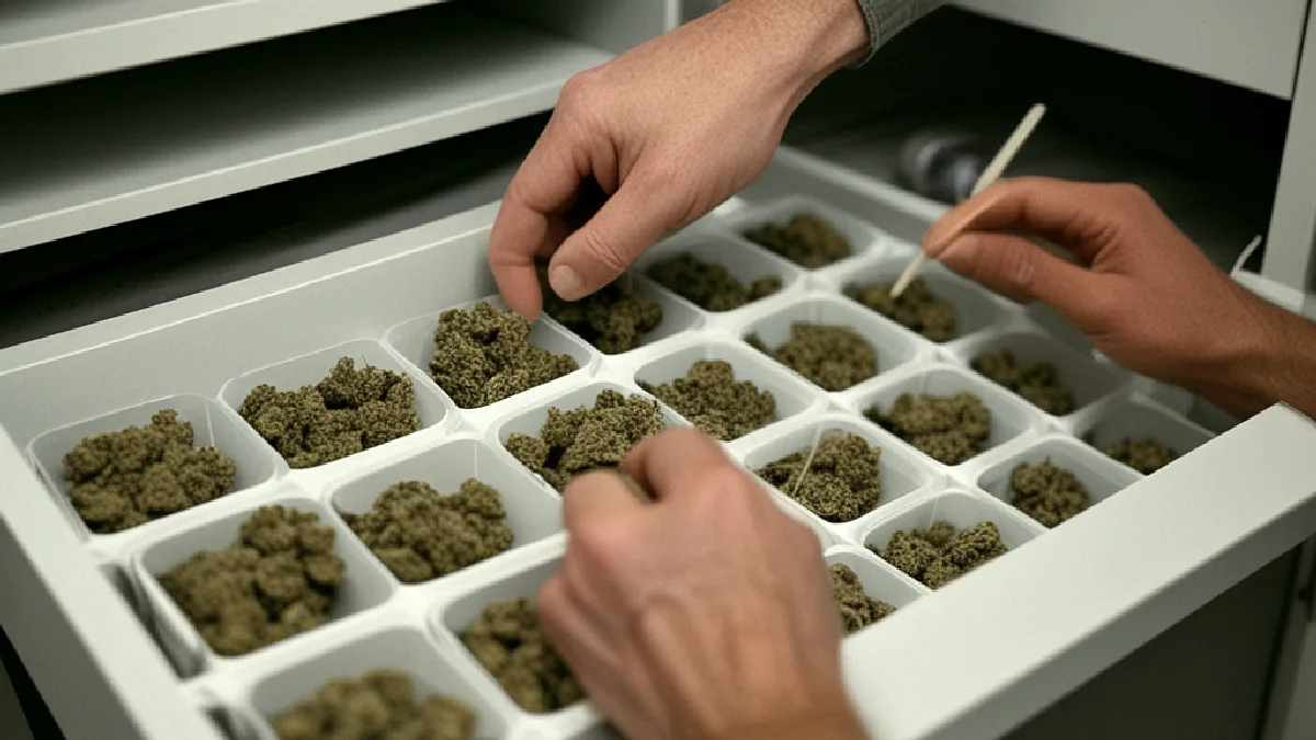 Workers reconcile sealed cash pouches and delivery equipment in an orderly cannabis fulfillment room serving the DMV region.