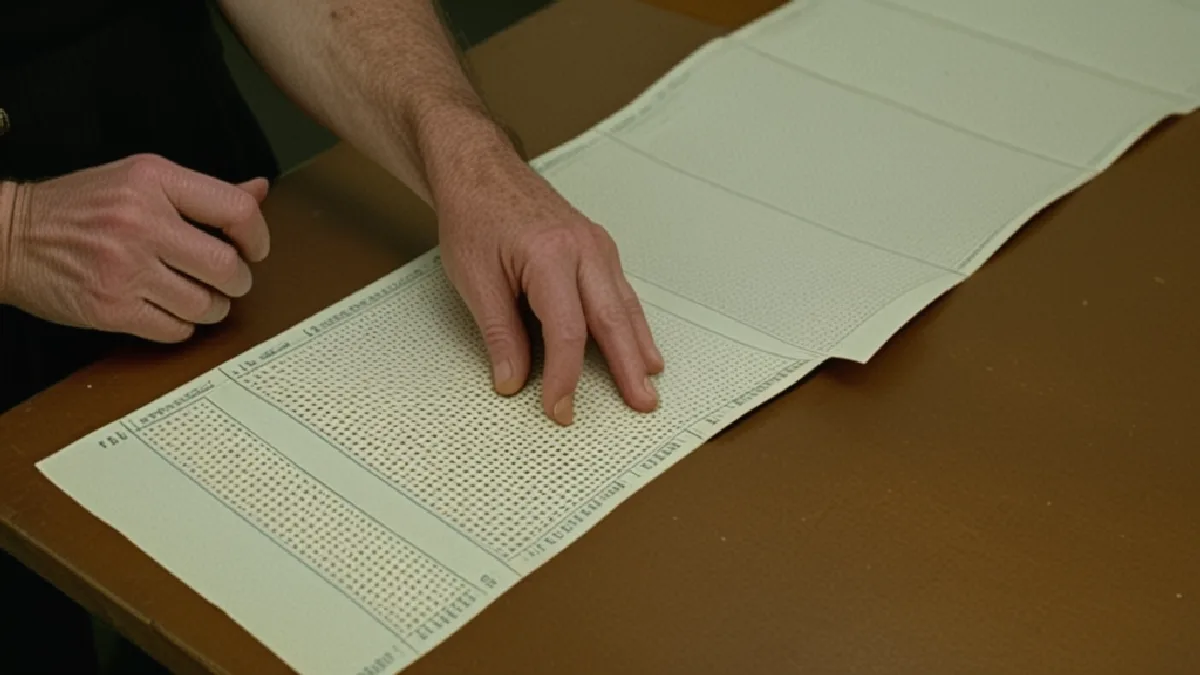 Gloved hands inspect a perforated decorated sheet preserved as psychedelic cultural history.