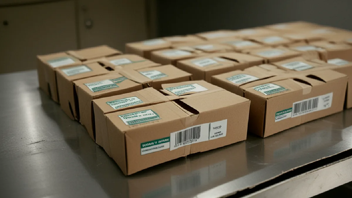 Gloved hands prepare unbranded cannabis parcels inside a DC service entrance amid regulatory uncertainty.