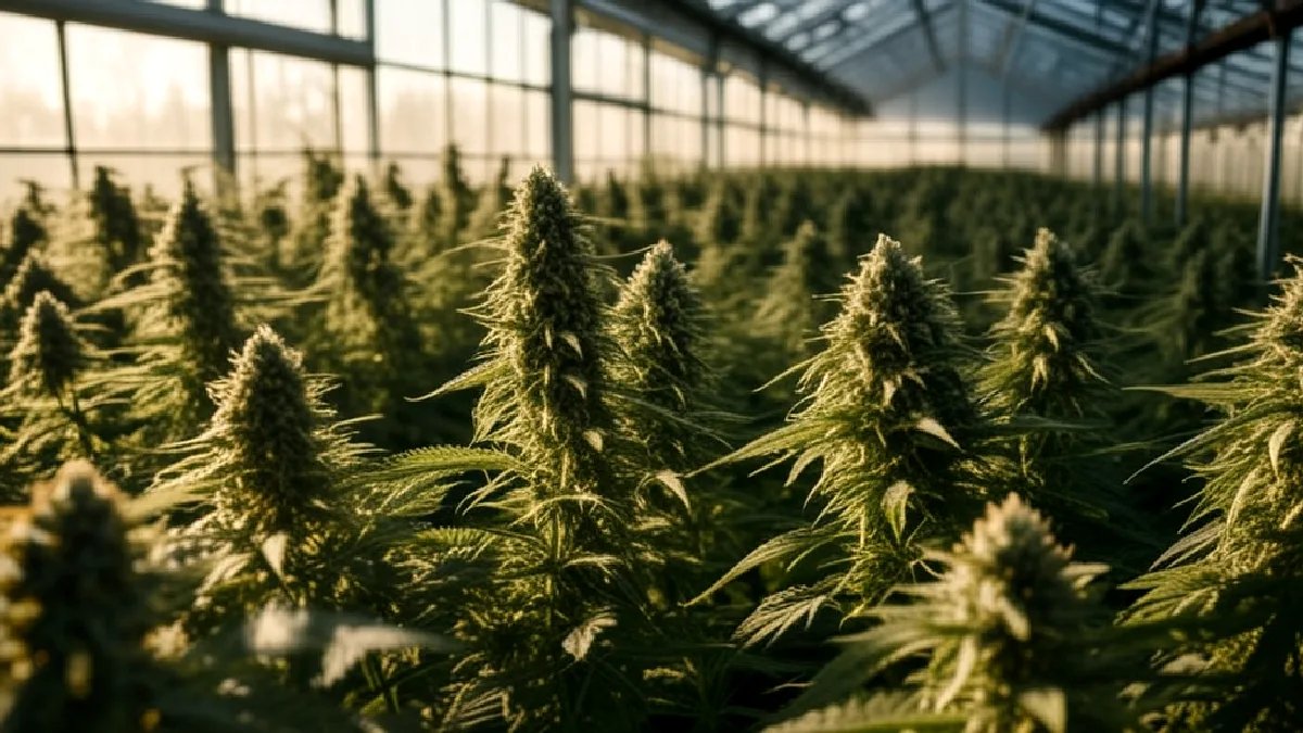 A close-up shot of a healthy cannabis crop growing inside a sunlit commercial greenhouse facility.