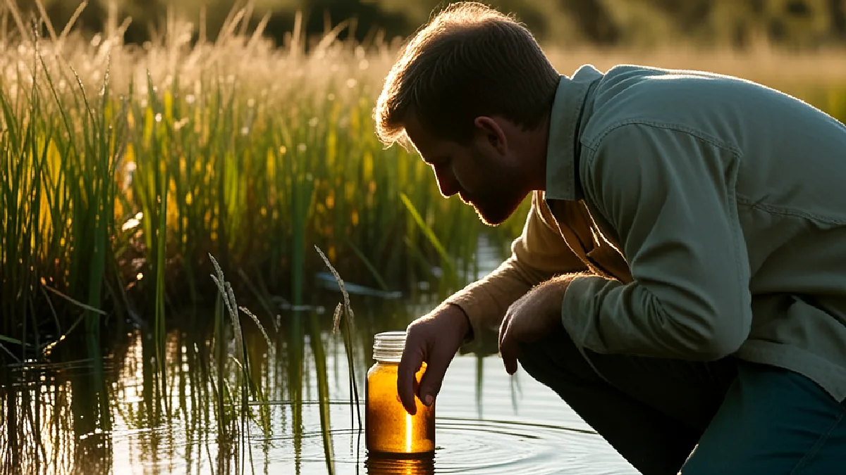 An environmental technician takes a water sample from an outdoor retention basin near an agricultural facility for compliance testing.