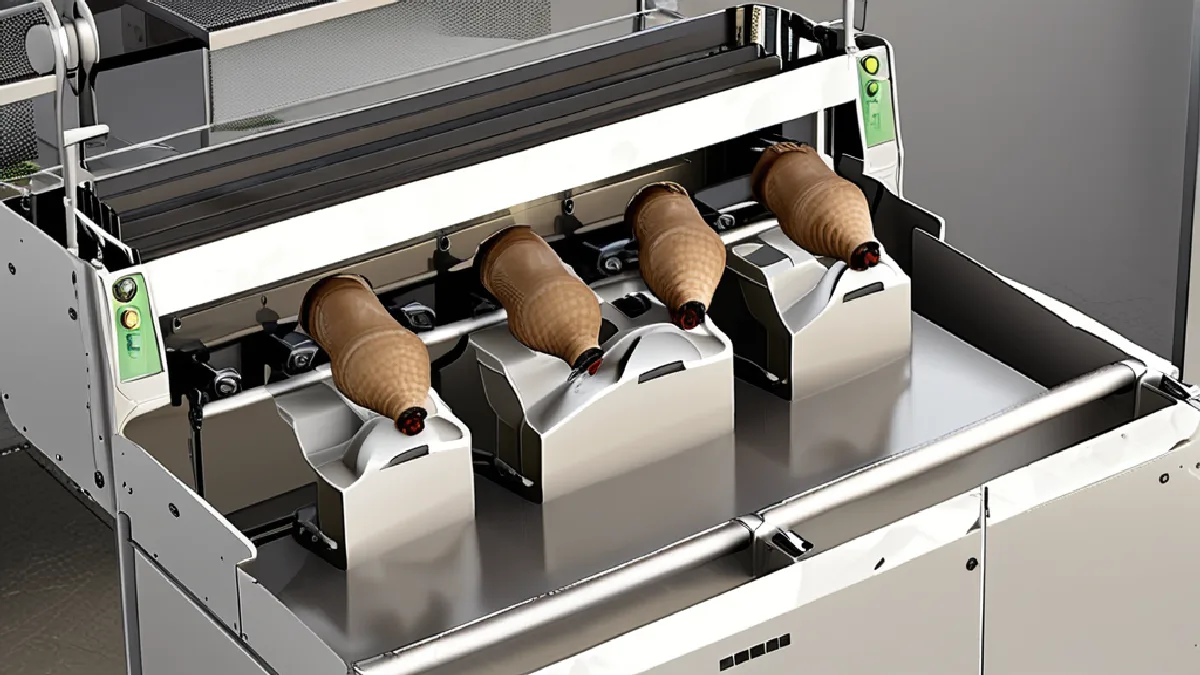 A production operator prepares the dispenser and work tray used to load empty cones for pre-roll filling.