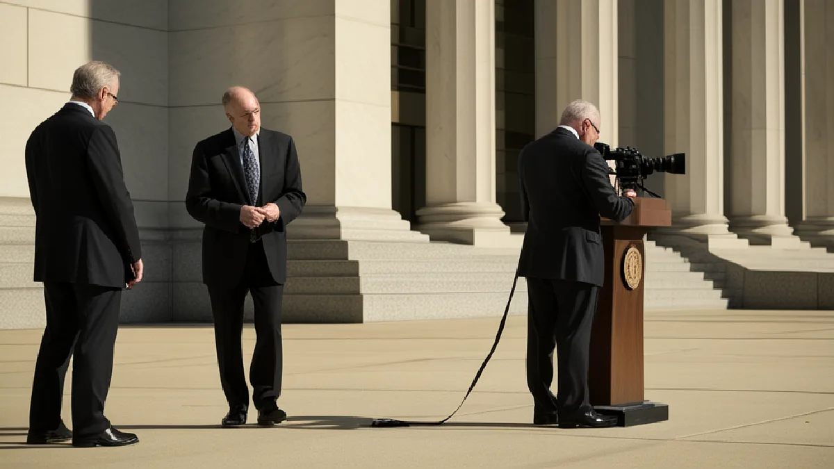 Un photographe se tient à l’extérieur des portes ouvertes d’un tribunal, évoquant la décision rapportée sur l’accès de la presse.
