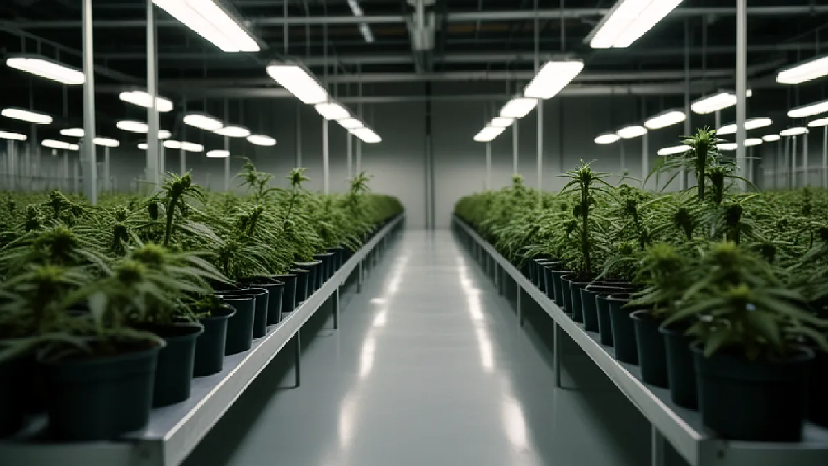 A worker inspects flowering medical cannabis plants beside processing equipment, suggesting cautious preparation while policy remains unsettled.