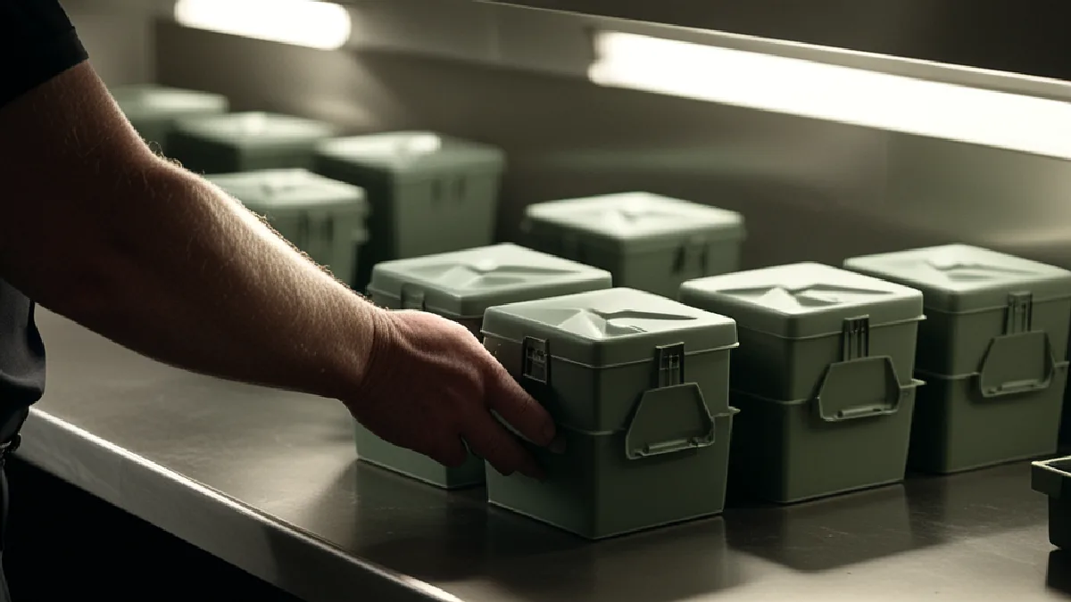 Gloved hands handle unmarked evidence containers in a commercial interior, symbolizing the federal investigation timeline.