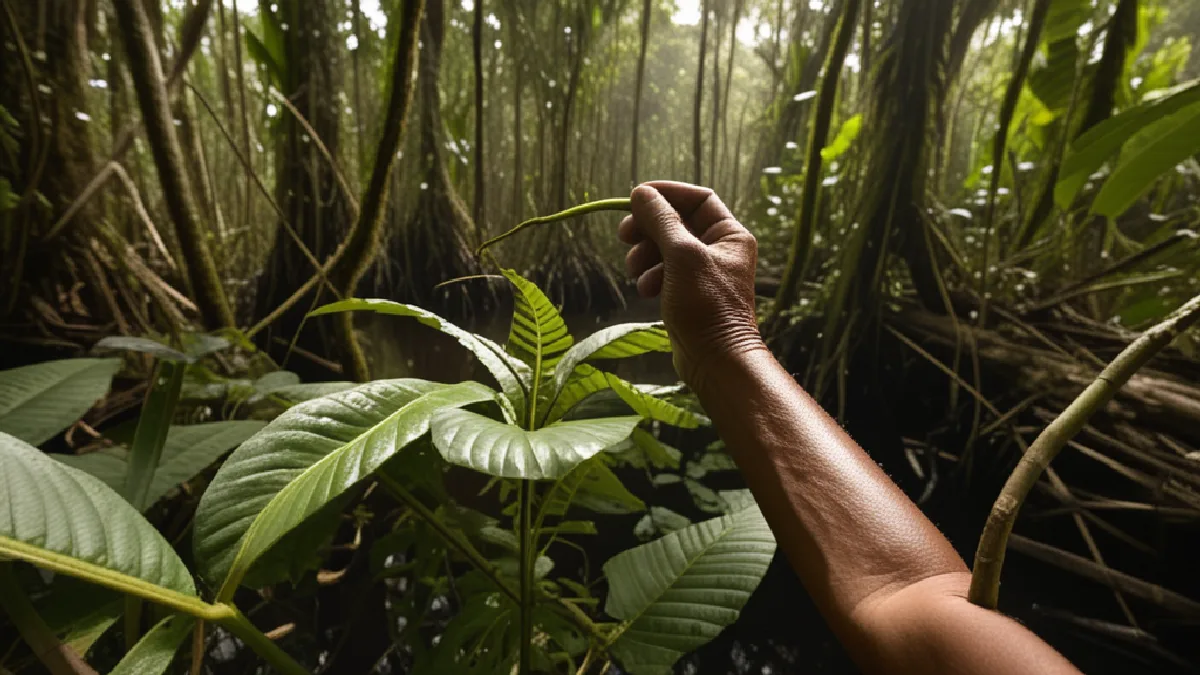 Indigenous practitioners tend a yagé vine beside an Amazon river, linking medicine with territory and stewardship.