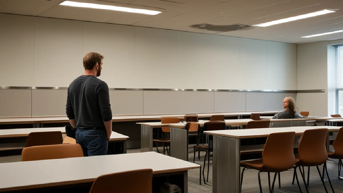 A worker adjusts ventilation infrastructure in a flexible hospitality space during lounge planning.