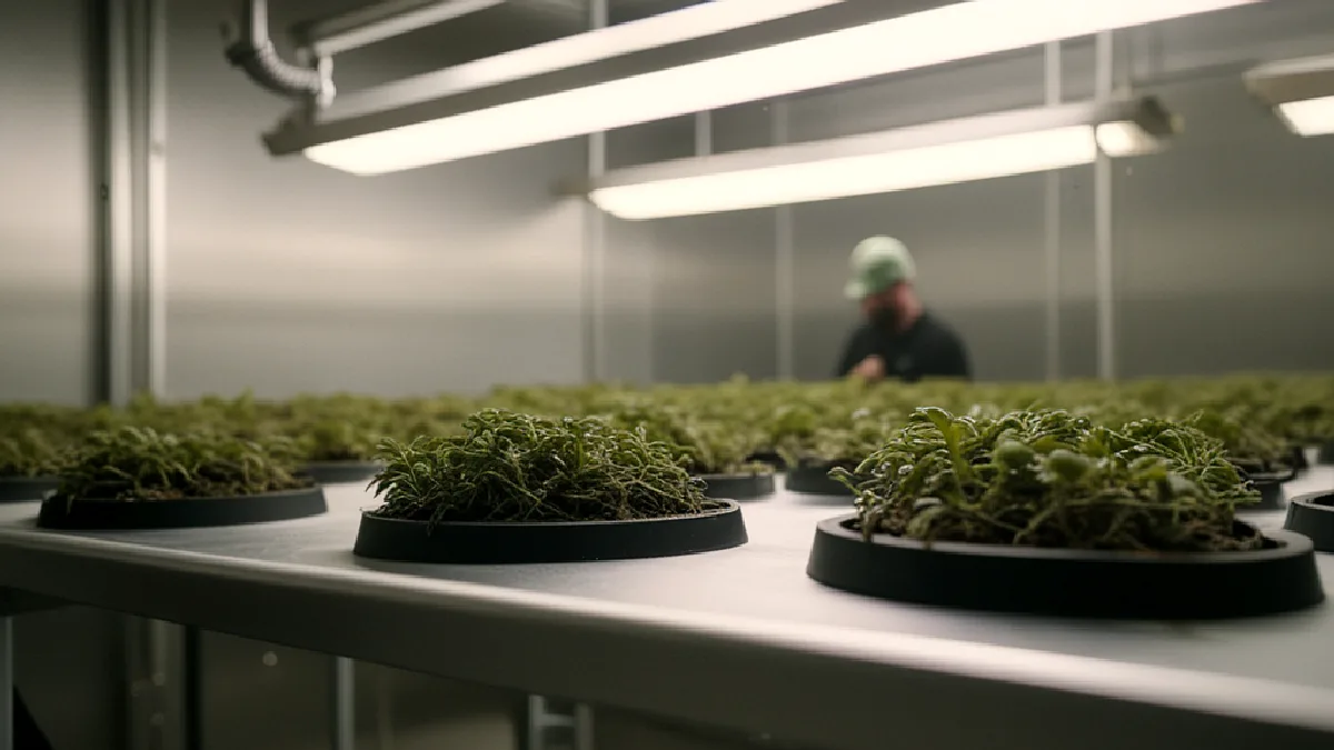Gloved hands inspect controlled access inside a Missouri cannabis facility after regulatory system changes.