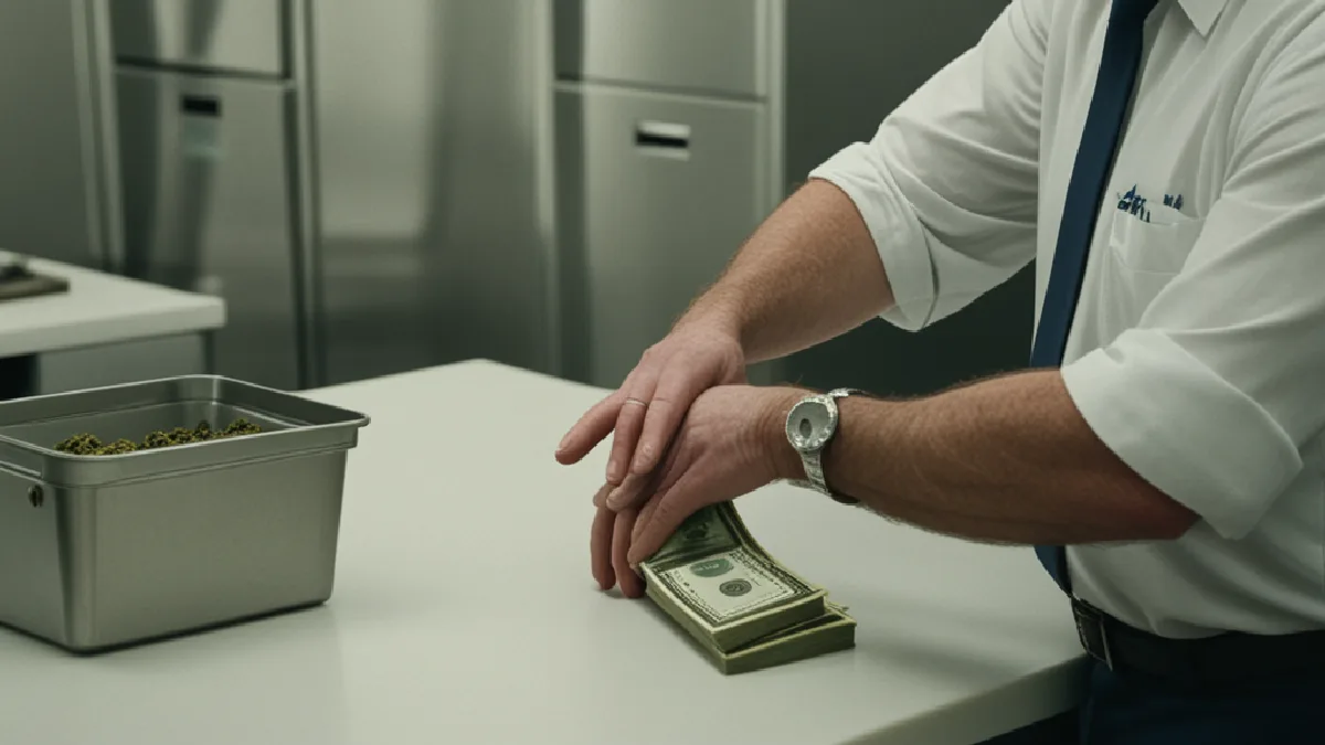 Workers check verification equipment and secured funds in a delivery operations room, illustrating controls for founders and investors.
