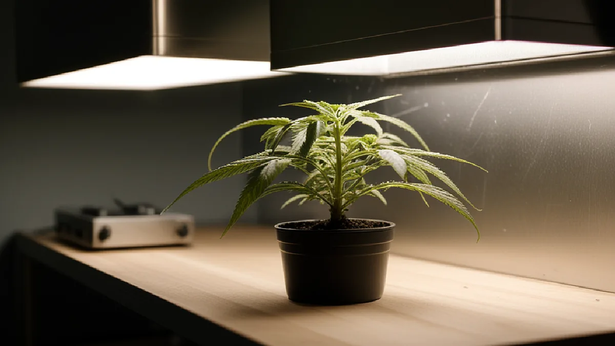Gloved hands tend a mature cannabis plant inside a controlled facility as federal classification changes.