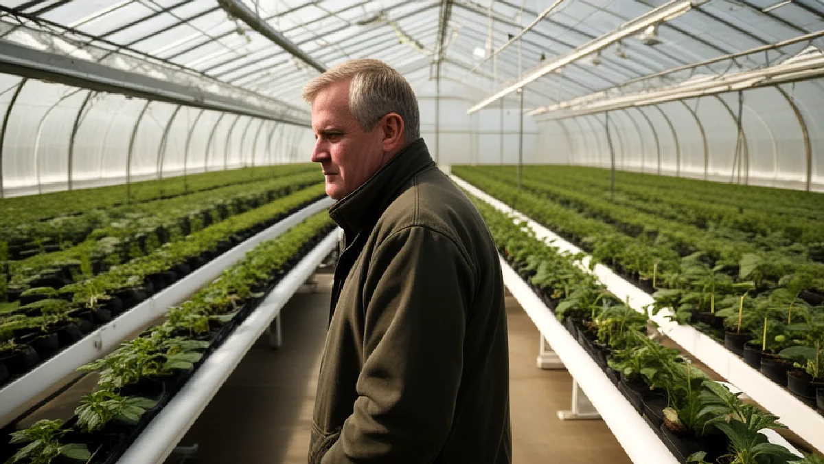 A man wearing a green jacket stands in profile inside a large greenhouse filled with rows of potted plants.