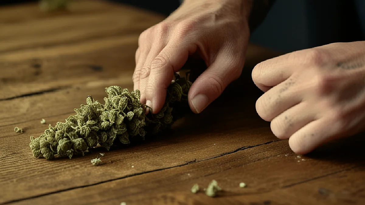 Close-up of hands placing a dense trichome-rich cured cannabis bud into a dark unbranded pouch over a rustic wood table.