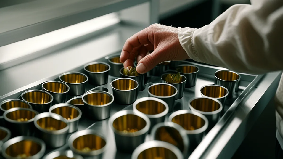 Gloved hands organize blank containers and storage trays, illustrating disciplined inventory planning for volatile cannabis supply.