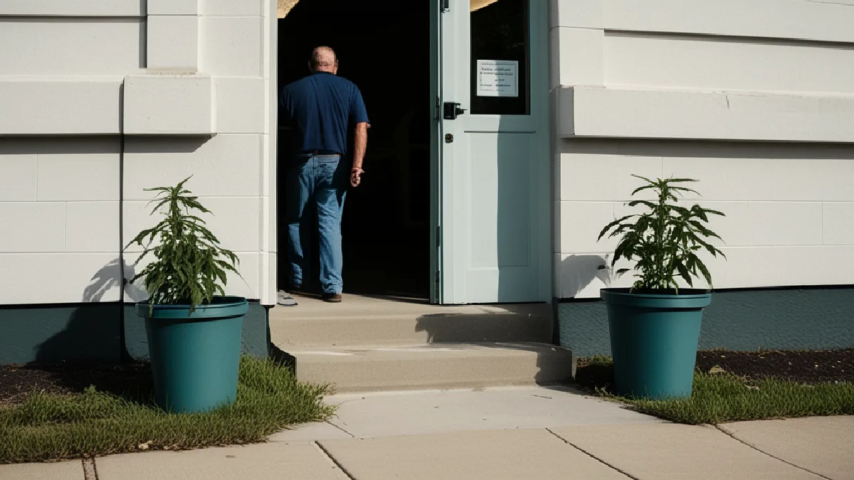 Anonymous figures stand outside a Springfield dispensary, symbolizing disputed firings and worker organizing.
