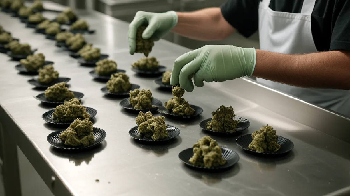 Gloved workers inspect plain edibles and beverage containers in an Oklahoma medical cannabis production facility.