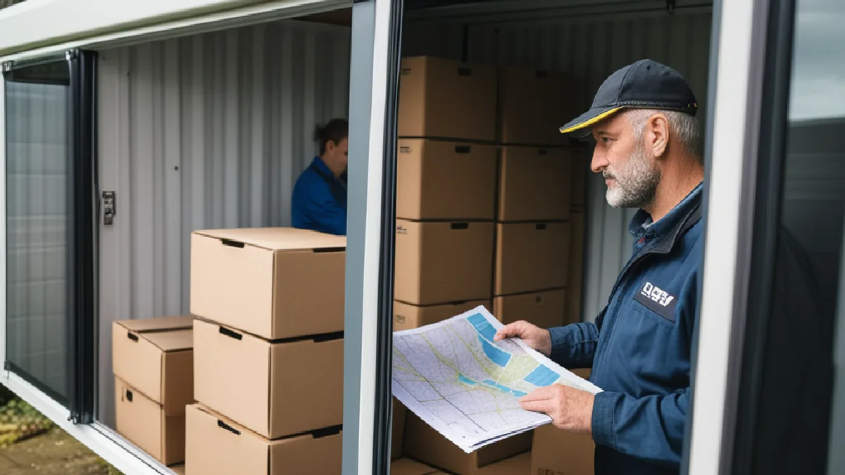 A delivery planner reviews routes and permits beside secured transport equipment, showing how labor rules can affect licensing decisions