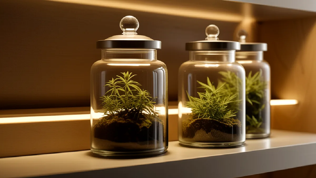 Une vitrine propre et bien éclairée remplie de divers contenants de produits de cannabis non étiquetés, représentant une large gamme d'inventaire disponible.