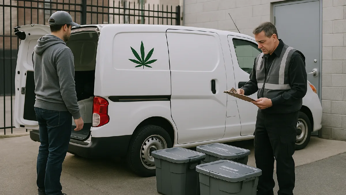 A compliance officer inspects sealed cannabis delivery containers beside a vehicle during a transport check