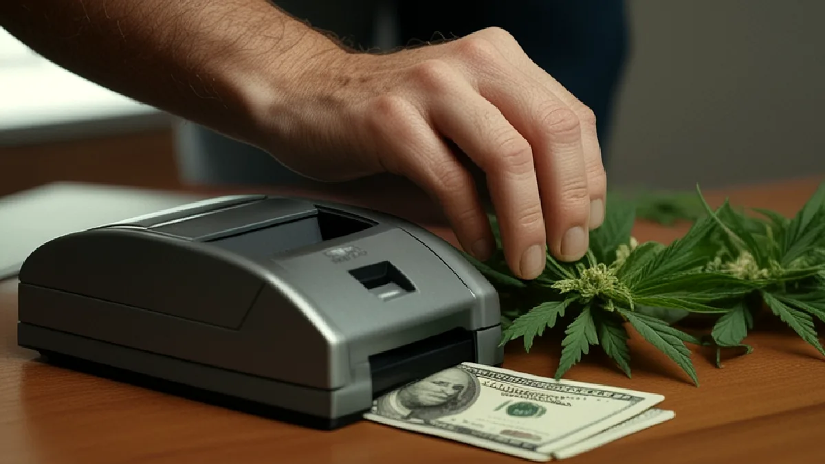 A faceless worker evaluates unbranded payment equipment in a secure cannabis-business cash room amid market competition.