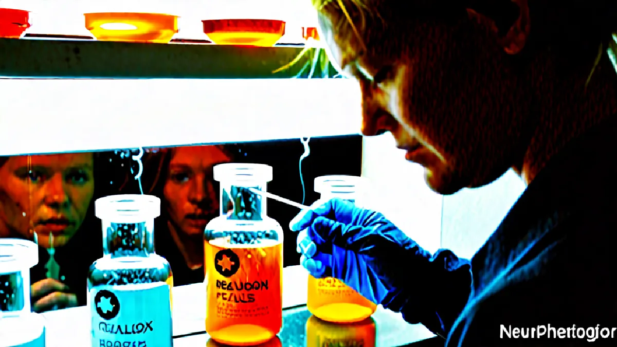 Gloved hands work with clear laboratory vessels, evoking research into non-hallucinogenic neuroplastogens.