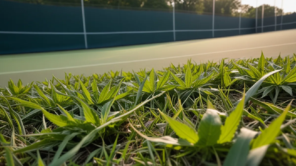 A breeze moves park foliage toward Court 17, illustrating how the tournament’s public-park setting carries odors inward.