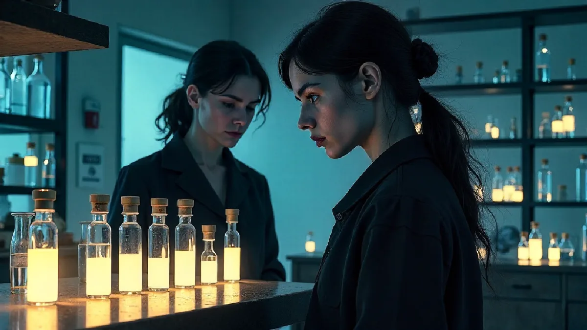 Gloved researchers position unlabeled samples beneath laboratory equipment, evoking abuse-potential review.