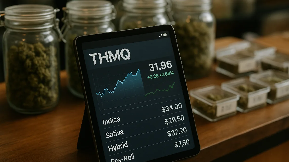 A tablet showing the THMQ price tracker interface, symbolizing the integration of technology in cannabis pricing.