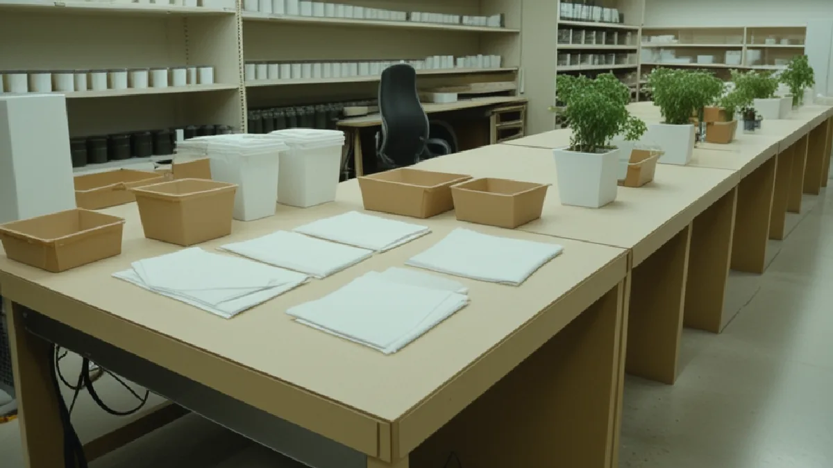 Anonymous hands organize unlabelled supplies in a compact cannabis workspace, suggesting opportunities for local delivery entrepreneurs.