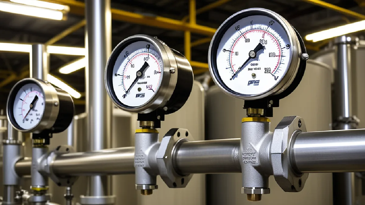 Detailed view of high-pressure steel valves and analog monitoring gauges in a concentrate lab, illustrating critical equipment safety mechanisms.