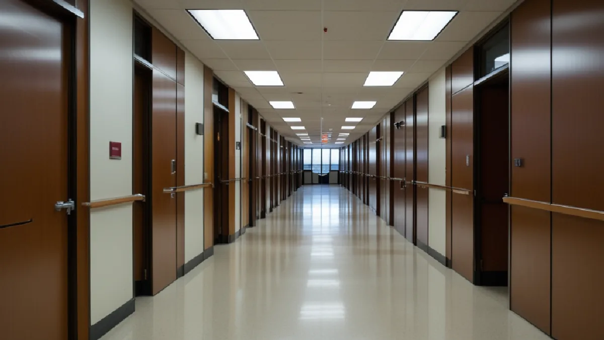 An empty institutional corridor evokes the administrative backlog delaying Rhode Island cannabis retail openings.